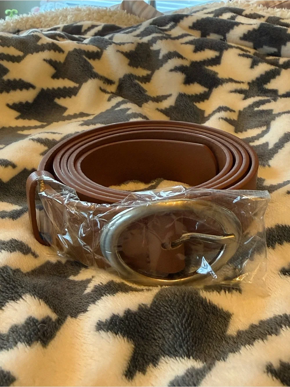 Women's Classic Brown Faux Leather Belt with Oval Silver Buckle